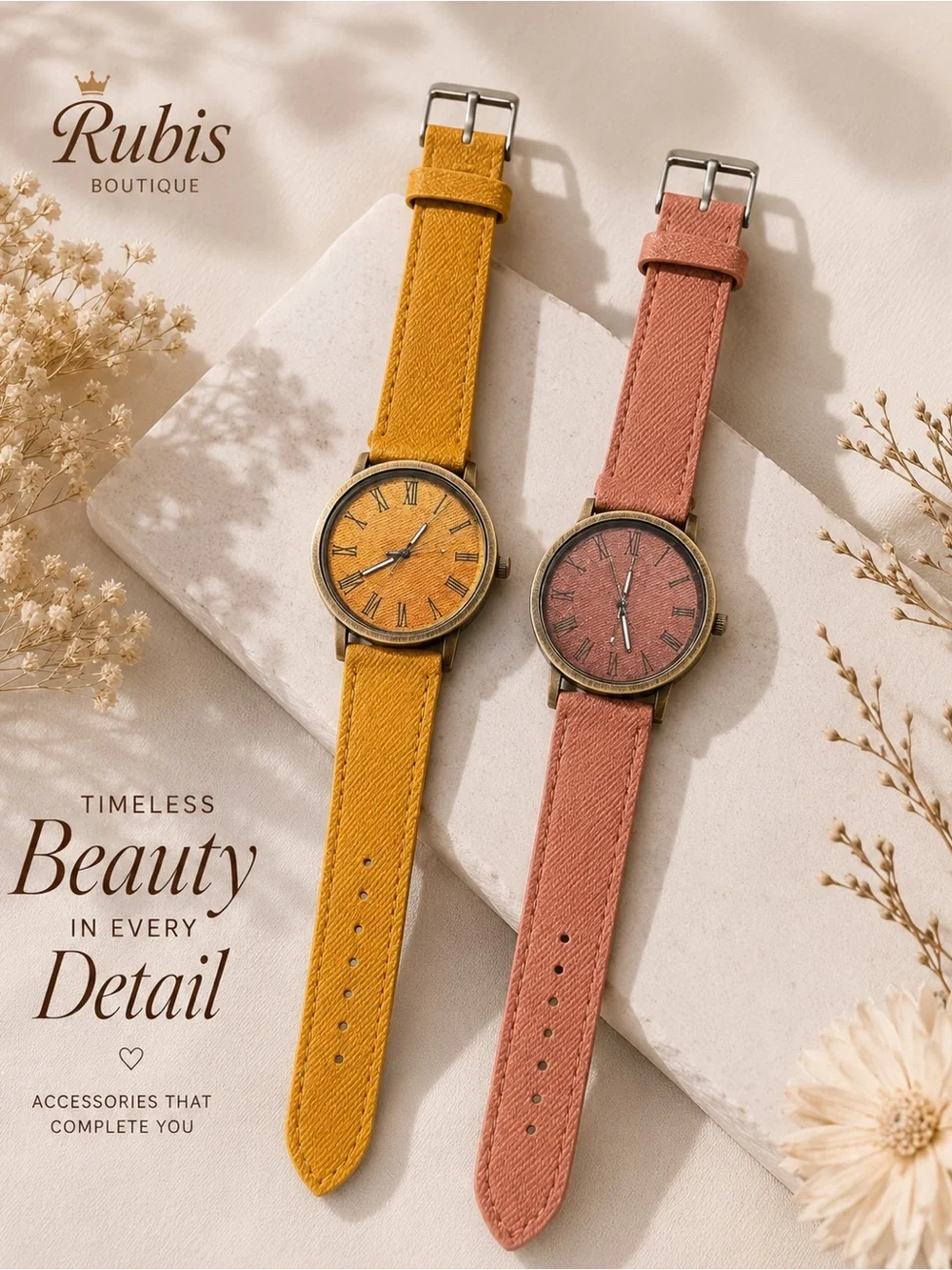 Women's Leather Strap Watch - Mustard and brown